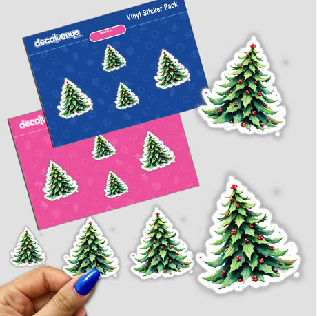 Holly Leaves Pile Christmas Tree stickers, featuring a hand holding a sticker pack with Christmas trees and red berries, available as stickers or digital artwork from Decal Venue.