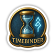Timebinder – RPG-Style Skill Badge featuring a gold and blue hourglass emblem, available as a sticker or digital artwork. Perfect for showcasing unique RPG achievements.