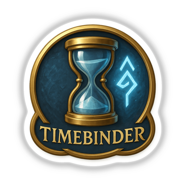 Timebinder – RPG-Style Skill Badge featuring a gold and blue hourglass emblem, available as a sticker or digital artwork. Perfect for showcasing unique RPG achievements.