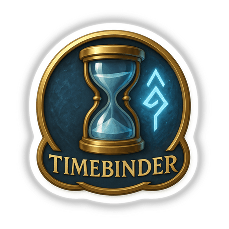 Timebinder – RPG-Style Skill Badge featuring a gold and blue hourglass emblem, available as a sticker or digital artwork. Perfect for showcasing unique RPG achievements.
