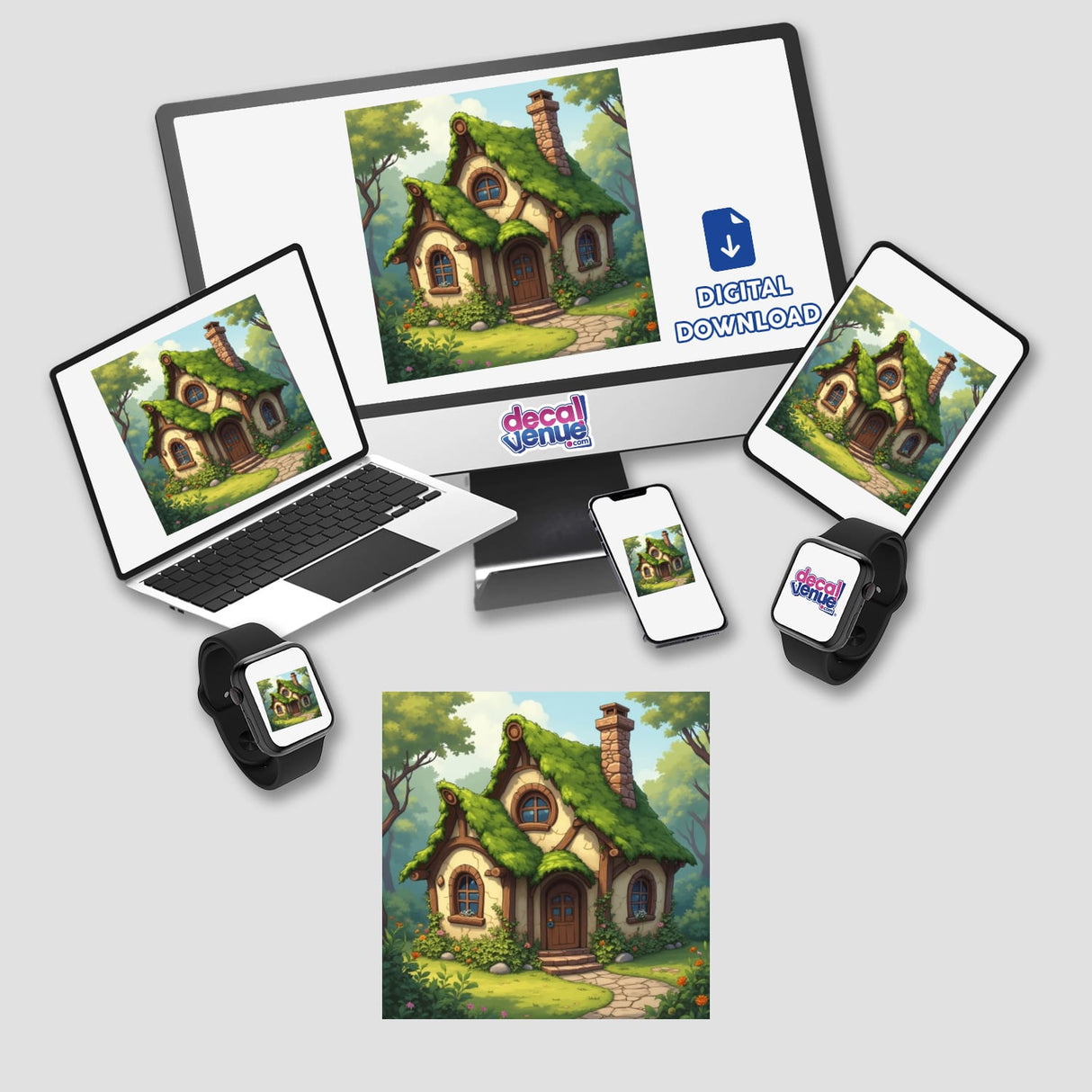Rustic Fairy Tale Cottage Art Clipart displayed on a computer monitor and laptop, showcasing a house illustration. Available as stickers or for commercial rights download at Decal Venue.