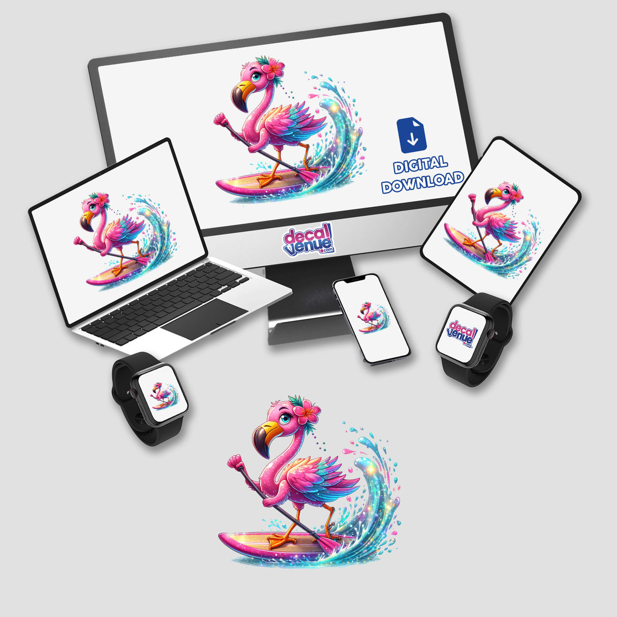 Vibrant digital artwork of a flamingo paddle boarding surrounded by waves and splashes, featuring the Decal Venue brand. The image showcases the colorful, whimsical digital design that can be used for various products and digital downloads.