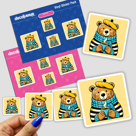 Cozy Bear with Beret and Tea Cup stickers featuring cartoon bears holding coffee cups, available at Decal Venue for unique stickers and digital art enthusiasts.