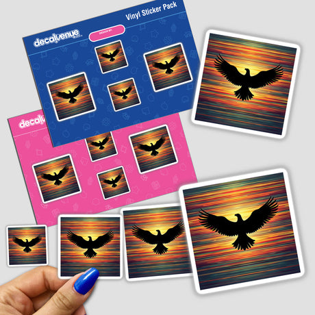 Eagle Silhouette with Dynamic Multi-Color Stripes available as stickers or digital artwork; a hand holds the vibrant, spread-winged bird design.