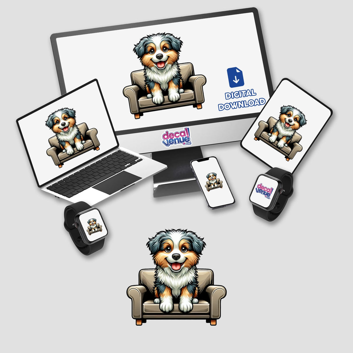 Adorable Australian Shepherd puppy sitting on a couch and looking for a hug, displayed on various digital devices from the Decal Venue store.