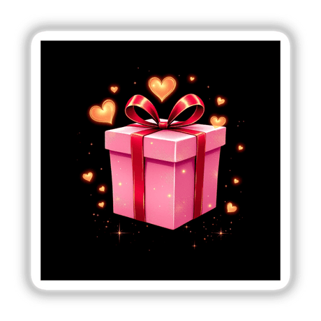 Pink Gift Box with Red Ribbon and Gold Hearts features a detailed bow and radiant hearts, available as stickers or digital artwork, embodying Decal Venue's unique style in decorative pieces.