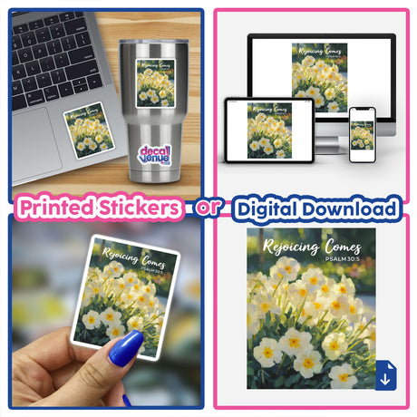 Primrose Rejoicing Comes sticker or clipart featuring floral design, inspired by Psalm 30:5, displayed on a laptop, highlighting its use as digital artwork or a physical sticker.