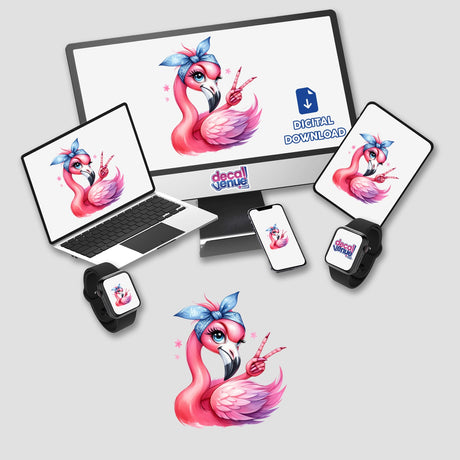 Peace Out Flamingo Bird design displayed on a computer monitor and laptop, featuring a cartoon flamingo with a bandana. Available as stickers or digital artwork from Decal Venue.