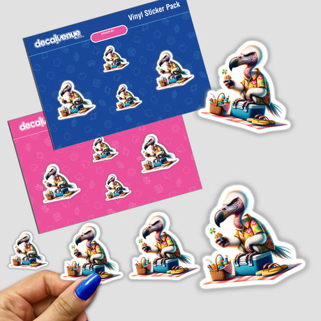 Vacation Vulture Having a Picnic sticker pack, featuring cartoon birds with picnic baskets and coolers. Available as stickers or digital artwork.