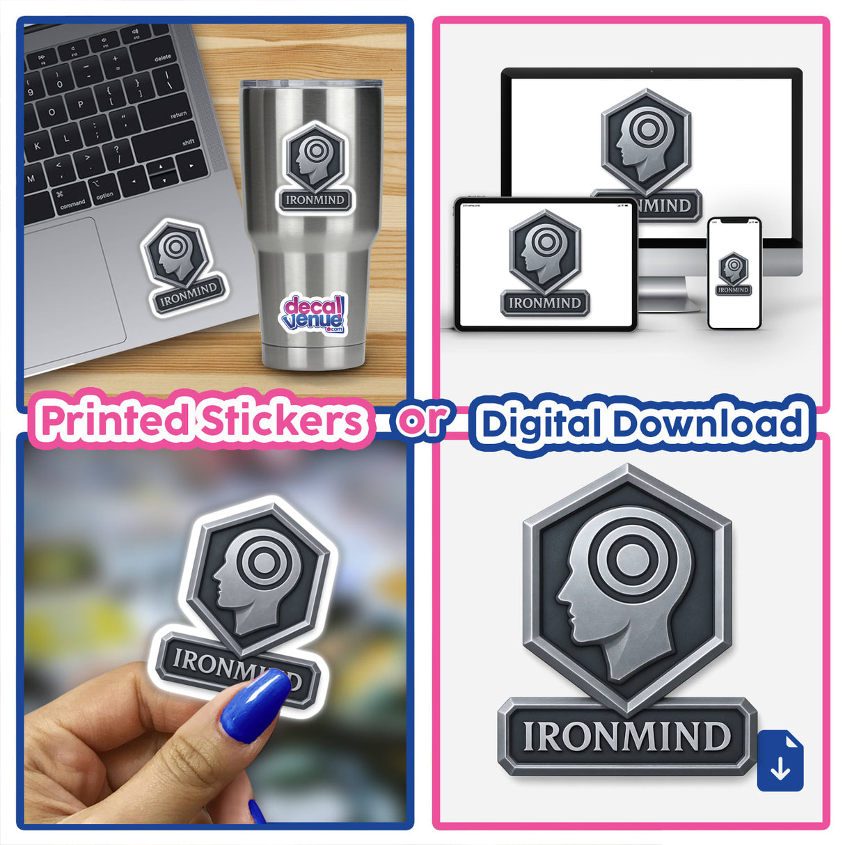 Ironmind – RPG-Style Skill Badge featuring a Silver Mental Focus Emblem, available as detailed stickers or digital artwork, showcasing intricate design elements ideal for enhancing creative projects.