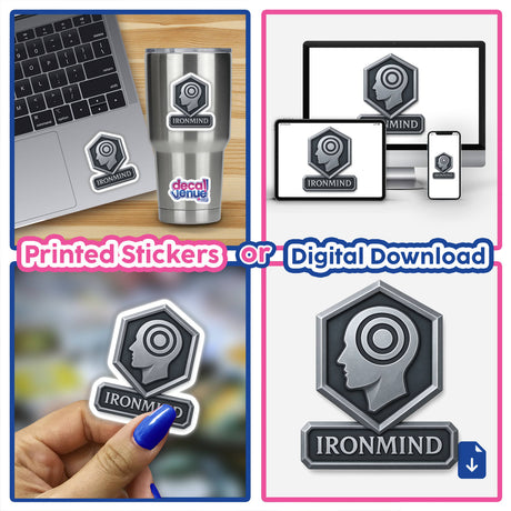 Ironmind – RPG-Style Skill Badge featuring a Silver Mental Focus Emblem, available as detailed stickers or digital artwork, showcasing intricate design elements ideal for enhancing creative projects.