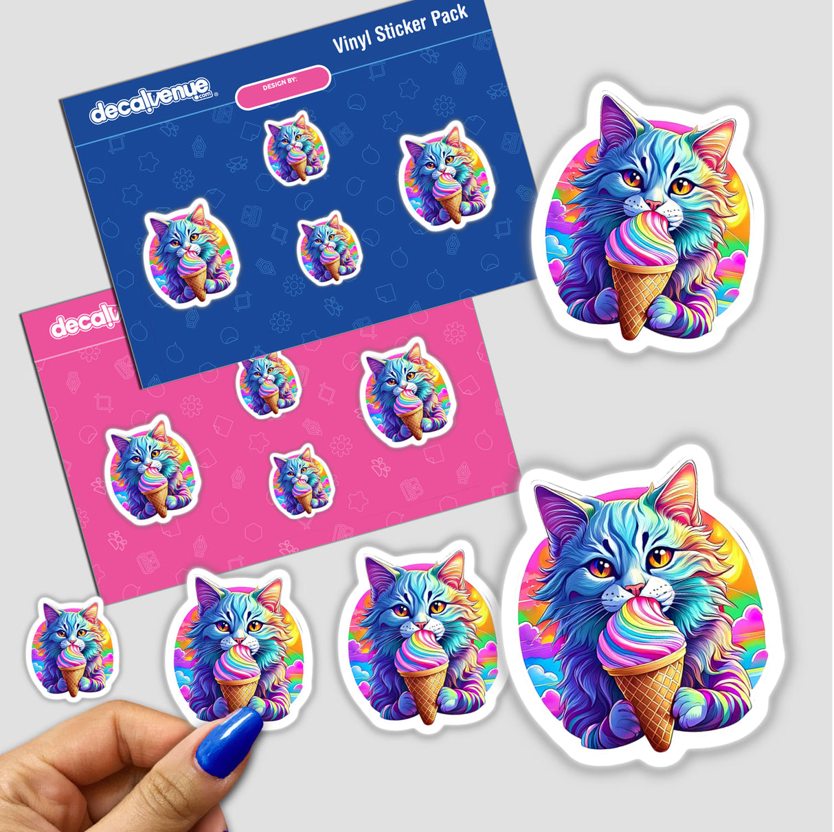 Colorful digital artwork featuring a cat eating ice cream, surrounded by additional stickers of the same cat in various poses, displayed on a Decal Venue vinyl sticker pack.