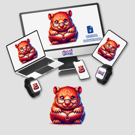 Wombat With Reading Glasses Open Book on a computer monitor and laptop, featured as a cartoon bear engrossed in a book, available as stickers or digital artwork from Decal Venue.