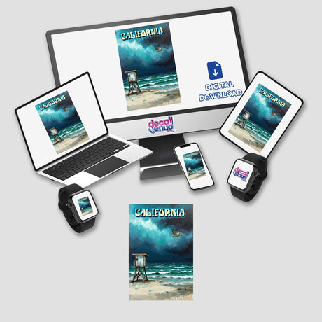 California-themed digital artwork featuring a beach scene displayed on computer screens and devices, available as stickers or digital art from Decal Venue.