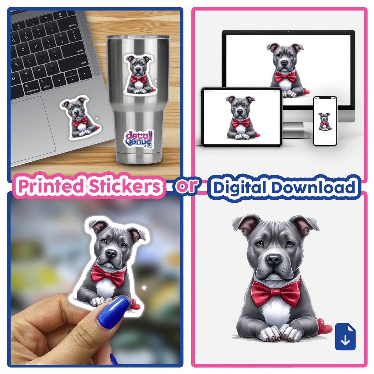 Cute gray pitbull dog in bow tie, printed stickers and digital artwork for display on electronic devices from Decal Venue, an online store offering unique stickers and digital art.