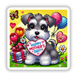 Mother’s Day Garden Schnauzer – Gift Scene: A cartoon Schnauzer holds a heart surrounded by flowers and balloons, available as stickers or digital artwork from Decal Venue.