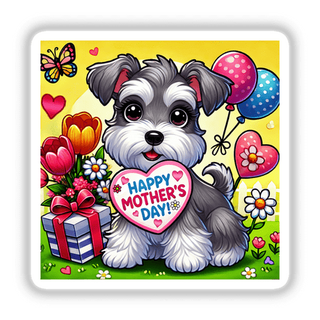Mother’s Day Garden Schnauzer – Gift Scene: A cartoon Schnauzer holds a heart surrounded by flowers and balloons, available as stickers or digital artwork from Decal Venue.
