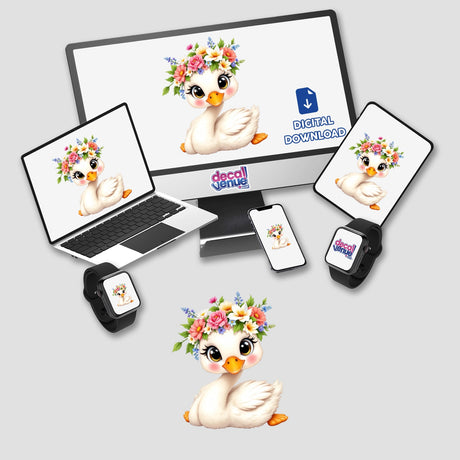 Elegant Swan with a Flower Crown sticker and digital art featuring a graceful swan adorned with a vibrant floral crown, perfect for personalizing belongings or enhancing digital collections.