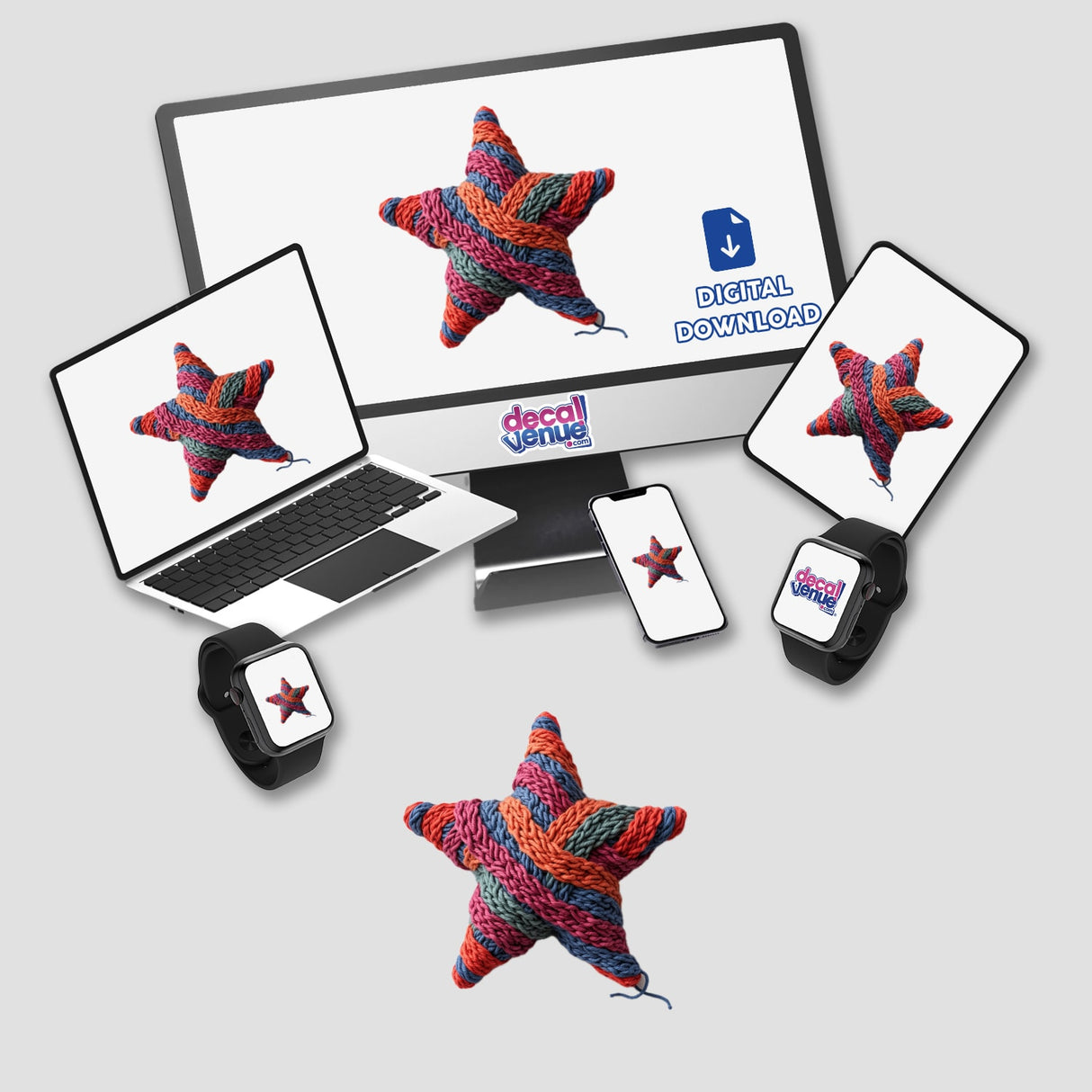 Knitted Yarn Star displayed on a laptop screen, available as stickers or digital artwork, reflecting Decal Venue's unique collection of creative stickers and digital art.