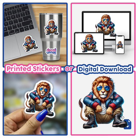 Patriotic Leather Lion Aviator Sunglasses sticker featuring a cartoon lion wearing sunglasses and a blue jacket, perfect for laptops or cups. Available as stickers or digital artwork.