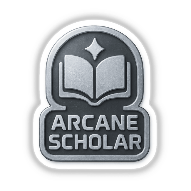 Arcane Scholar – RPG-Style Skill Badge features a detailed silver magical icon, available as a sticker or digital artwork, ideal for enthusiasts seeking unique, game-inspired designs from Decal Venue.