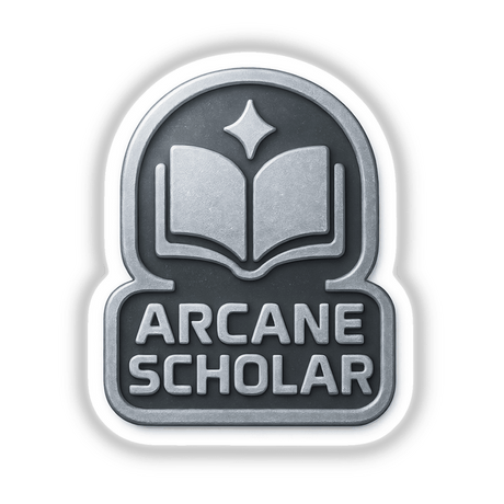 Arcane Scholar – RPG-Style Skill Badge features a detailed silver magical icon, available as a sticker or digital artwork, ideal for enthusiasts seeking unique, game-inspired designs from Decal Venue.