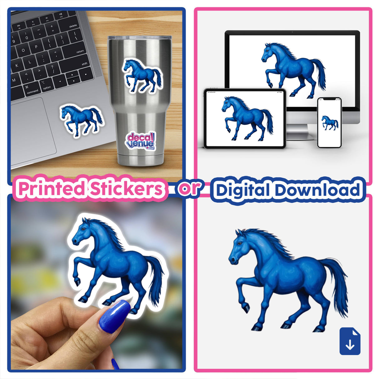 Vibrant Blue Horse Clipart - Stickers or Commercial Use Download: A collage featuring stickers of a blue horse in various poses, including on a laptop, a cup, and held by a hand.