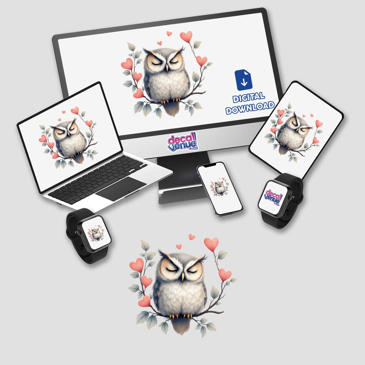 Napping Owl with Heart Branches: A whimsical owl nestled among heart-shaped branches, perfect as a sticker or digital art for laptops, offering tranquility and charm.