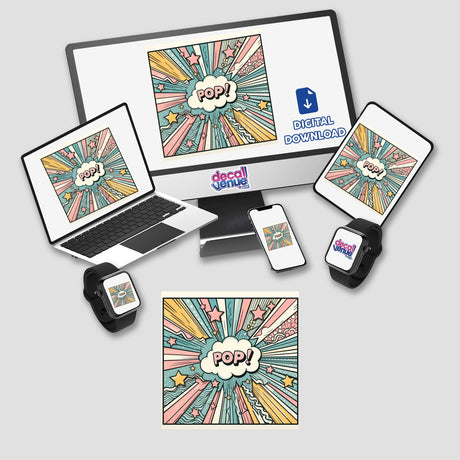 Pastel pop artwork displayed on a computer monitor and laptop, featuring a vibrant cartoon explosion. Available as stickers or digital artwork.