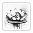 Sumi-e Frog on Lotus Leaf Traditional Japanese Ink Art, available as stickers or digital artwork, showcasing a frog perched delicately on a lotus leaf, reflecting traditional Japanese ink artistry.