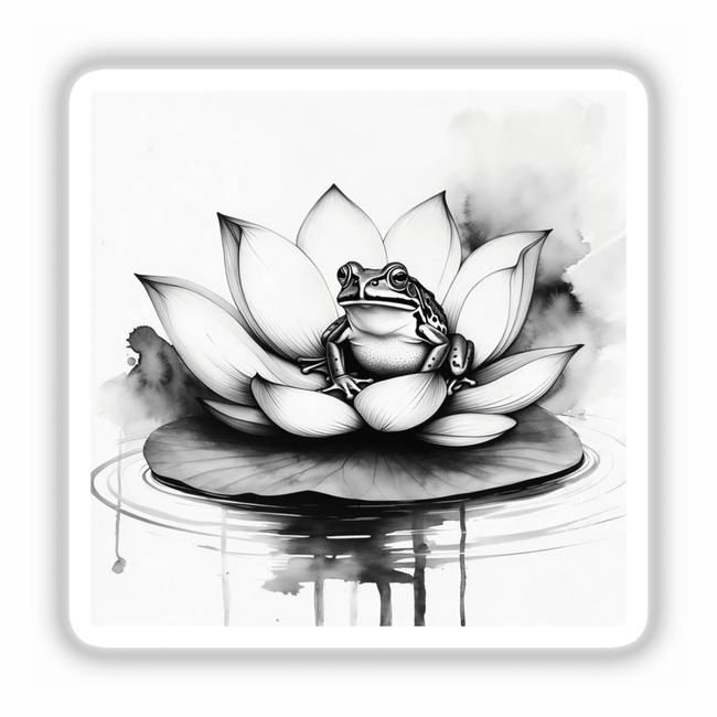 Sumi-e Frog on Lotus Leaf Traditional Japanese Ink Art, available as stickers or digital artwork, showcasing a frog perched delicately on a lotus leaf, reflecting traditional Japanese ink artistry.