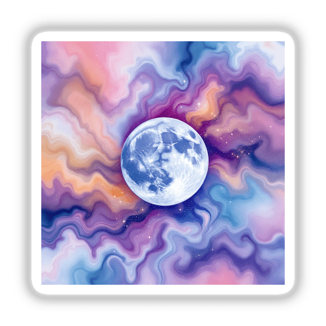 Moon Alcohol Ink Design featuring a close-up of a moon surrounded by a vibrant sky, offered as unique stickers or digital artwork from Decal Venue.