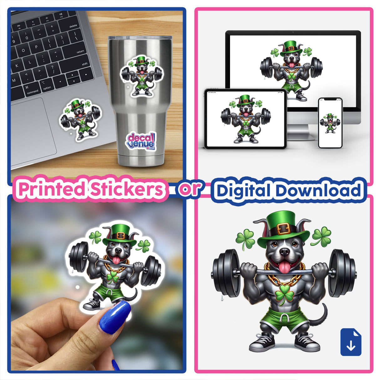 Irish Leprechaun Workout Pitbull Dog III: A cartoon of a pitbull lifting weights, available as a sticker or digital artwork, showcasing unique themes from Decal Venue's collection.