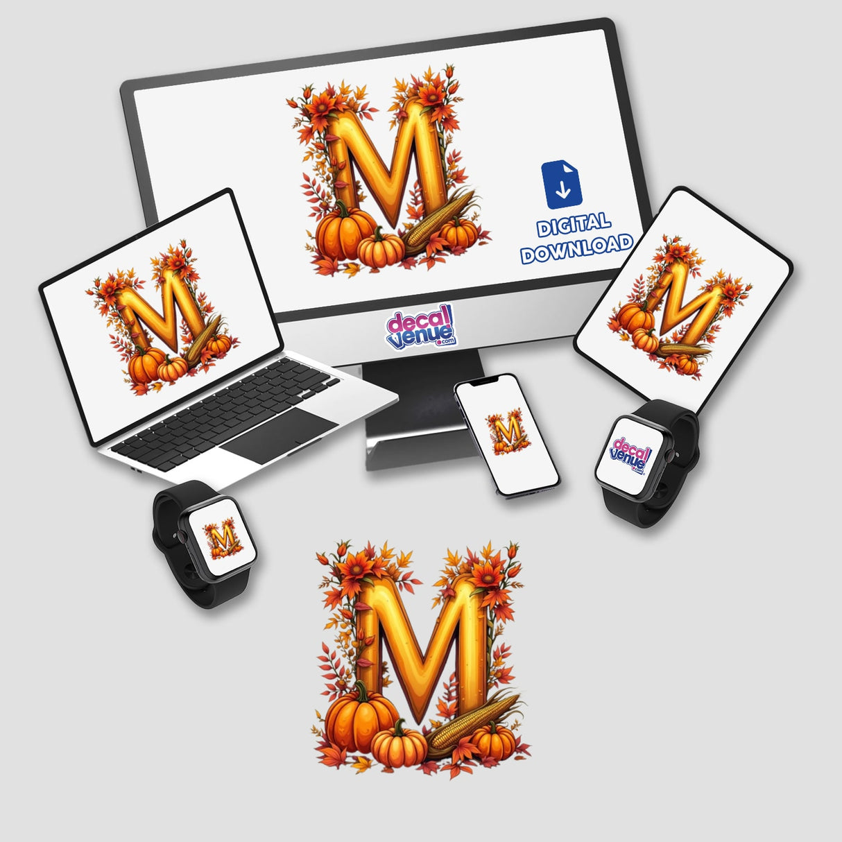 Fall Aesthetic Letter M Clipart | Stickers or Download with Commercial Rights: A computer monitor and laptop display a letter M with pumpkins, perfect for seasonal digital art and stickers.