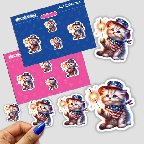 Fluffy Kitten Holding Sparkler 4th of July