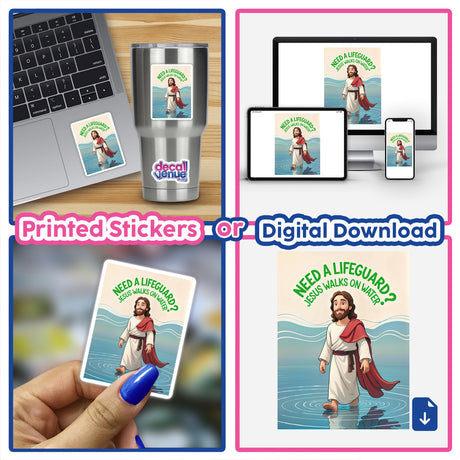 Collage featuring a laptop with a Need A Lifeguard? Jesus Walks On Water sticker, highlighting the humorous design available as unique stickers or digital artwork from Decal Venue.
