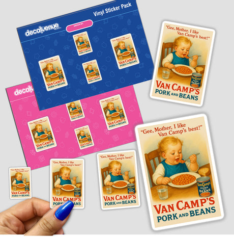 1920 Van Camp’s Pork and Beans Printable or Sticker – Vintage Commercial-Use Retro Food Ad Clipart featuring a nostalgic child with beans and retro typography, ideal for décor or collectors.
