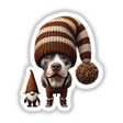 Pitbull Gnome with Chew Toy: Illustration of a dog wearing a knit hat and suspenders, holding a chew toy, accompanied by a gnome with a white beard. Available as stickers or digital artwork.