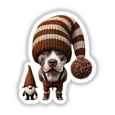 Pitbull Gnome with Chew Toy: Illustration of a dog wearing a knit hat and suspenders, holding a chew toy, accompanied by a gnome with a white beard. Available as stickers or digital artwork.