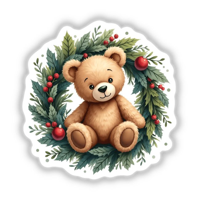 Teddy Bear in a Christmas Wreath sticker or digital artwork featuring a plush teddy bear encircled by a festive wreath, embodying a charming holiday theme, perfect for seasonal decoration.