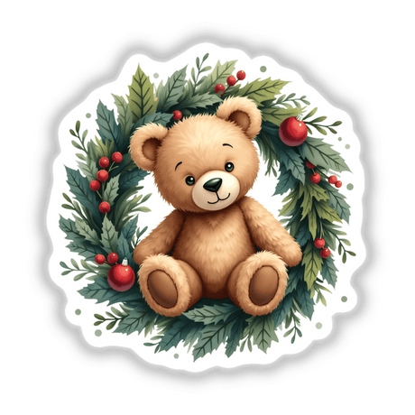 Teddy Bear in a Christmas Wreath sticker or digital artwork featuring a plush teddy bear encircled by a festive wreath, embodying a charming holiday theme, perfect for seasonal decoration.