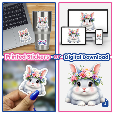 Adorable Rabbit with a Spring Flower Crown featured in a collage; displayed as vinyl stickers on a laptop, offering charming decor from Decal Venue's unique sticker collection.