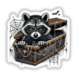 Masked Halloween Raccoon Peeking from Spooky Treasure Chest