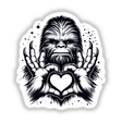 Sasquatch Heart Hands illustration, available as stickers or digital artwork, showcasing a Sasquatch forming a heart with its hands, representing Decal Venue's unique vinyl sticker and digital art offerings.