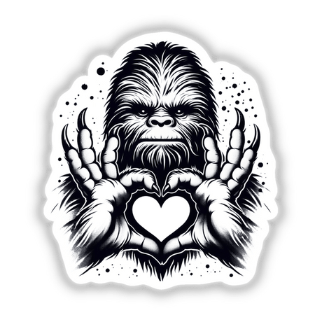 Sasquatch Heart Hands illustration, available as stickers or digital artwork, showcasing a Sasquatch forming a heart with its hands, representing Decal Venue's unique vinyl sticker and digital art offerings.