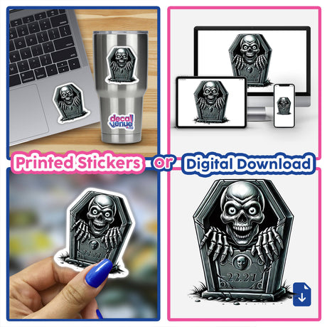 Halloween Skeleton Peeking Out of Tombstone sticker collage featuring close-ups of a skull decal on a laptop and hand, showcasing unique designs available as stickers or digital artwork from Decal Venue.