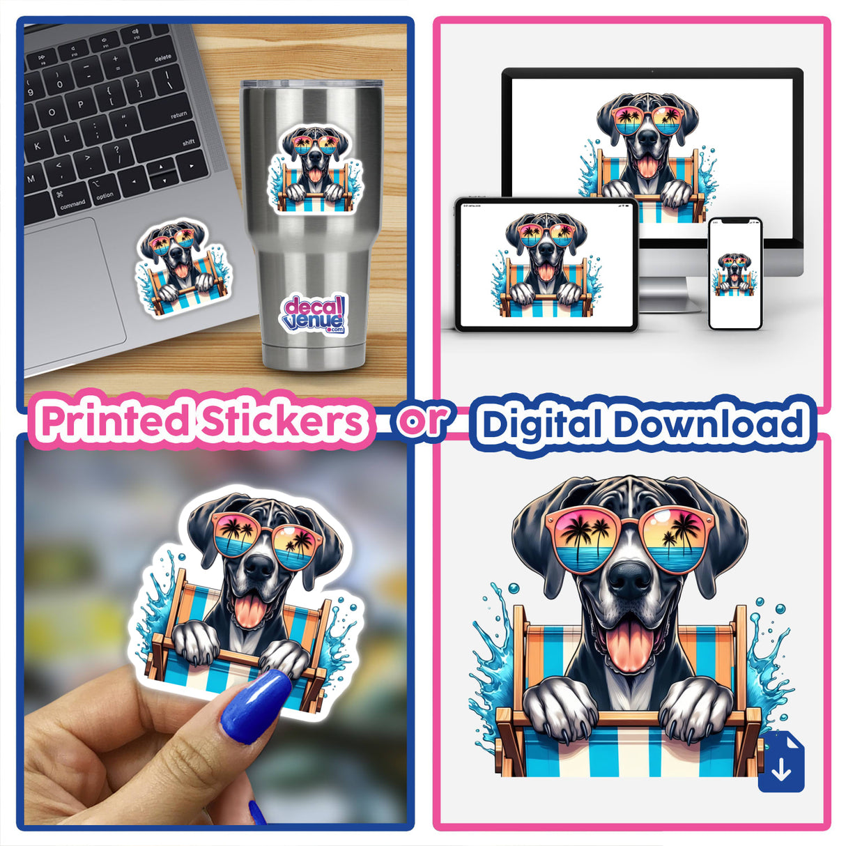 Collage featuring a laptop with a Happy Great Dane Peeking from Beach Chair sticker, showcasing a playful dog in sunglasses, available as unique vinyl stickers or digital artwork from Decal Venue.