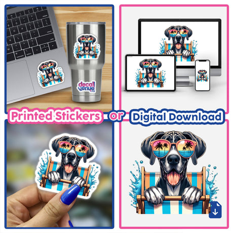 Collage featuring a laptop with a Happy Great Dane Peeking from Beach Chair sticker, showcasing a playful dog in sunglasses, available as unique vinyl stickers or digital artwork from Decal Venue.