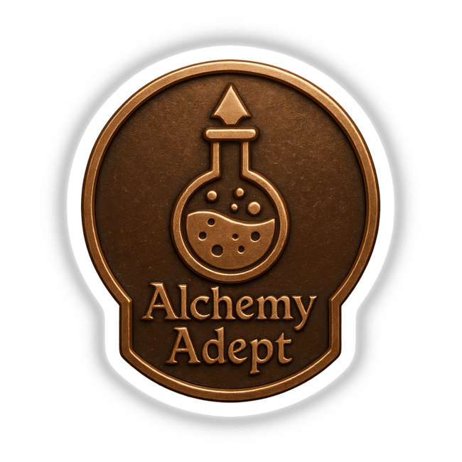 Alchemy Adept – RPG-Style Skill Badge features a detailed Bronze Alchemist Emblem, perfect for stickers or digital artwork, reflecting Decal Venue's unique vinyl and digital art offerings.