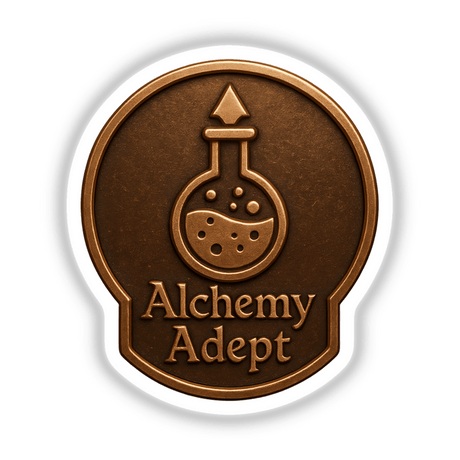 Alchemy Adept – RPG-Style Skill Badge features a detailed Bronze Alchemist Emblem, perfect for stickers or digital artwork, reflecting Decal Venue's unique vinyl and digital art offerings.